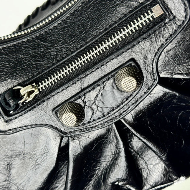 LE CAGOLE LARGE SHOULDER BAG 33 WITH RHINESTONES IN BLACK ARENA LAMBSKIN SILVER HARDWARE