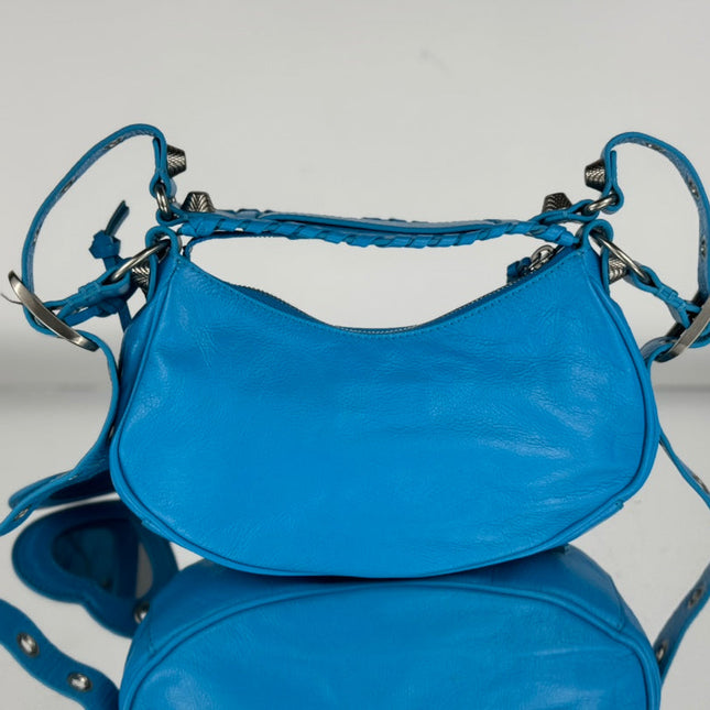 LE CAGOLE SMALL SHOULDER BAG 26 WITH RHINESTONES IN DODPER BLUE LAMBSKIN