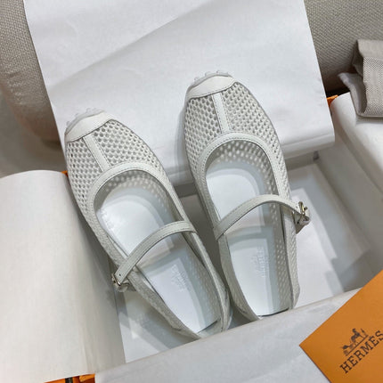HM 26S KICHU BALLET FLAT IN WHITE CROCHET KNIT AND CALFSKIN