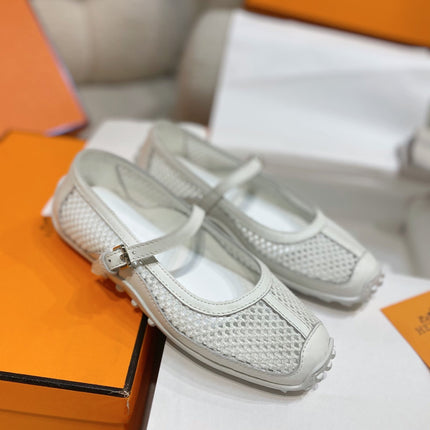 HM 26S KICHU BALLET FLAT IN WHITE CROCHET KNIT AND CALFSKIN