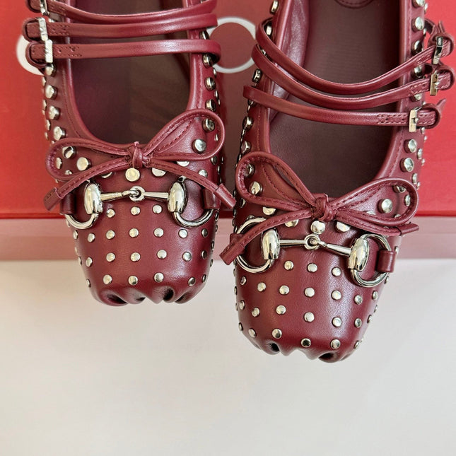 GG RIVETS BALLET FLAT GARNET HORIZONTAL STRAPS LAMBSKIN