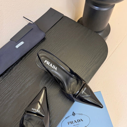 PRADA 26S POINTED TOE SLINGBACK HEELS 60MM IN BLACK CALFSKIN WITH LOGO