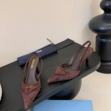 PRADA 26S POINTED TOE SLINGBACK HEELS 60MM IN DARK BROWN SUDE WITH LOGO