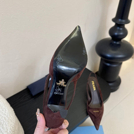 PRADA 26S POINTED TOE SLINGBACK HEELS 60MM IN DARK BROWN SUDE WITH LOGO