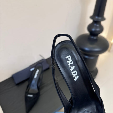 PRADA 26S POINTED TOE SLINGBACK HEELS 60MM IN BLACK SUDE WITH LOGO