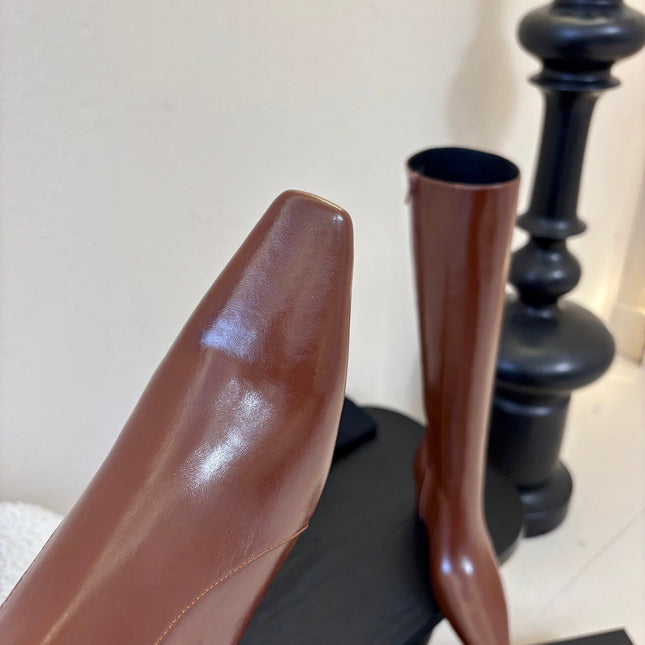 YSL 26S KNEE-HIGH HEELED BOOTS IN BROWN SHINY CALFSKIN