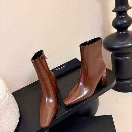 YSL 26S HEELED ANKLE BOOTS IN BROWN SHINY CALFSKIN