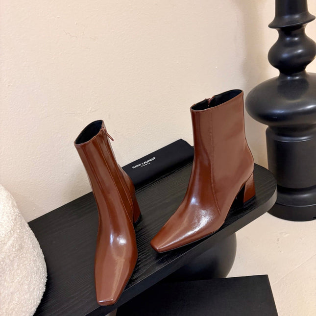 YSL 26S HEELED ANKLE BOOTS IN BROWN SHINY CALFSKIN