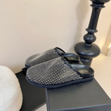 YSL 26S MESH MULES IN BLACK CALFSKIN AND WITH RHINESTONES
