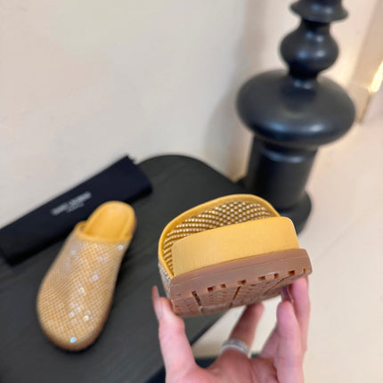 YSL 26S MESH MULES IN BEIGE YELLOW CALFSKIN AND WITH RHINESTONES