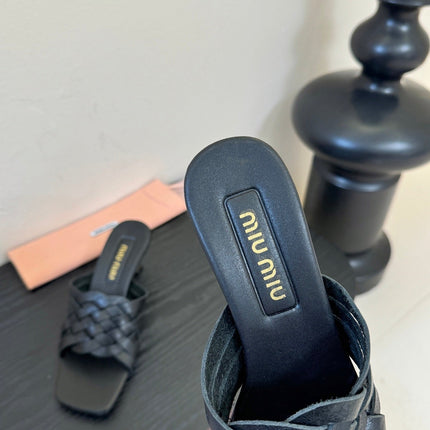 MIUMIU 26S IVETTE WOVEN HEELED SANDALS 40MM IN BLACK CALFSKIN