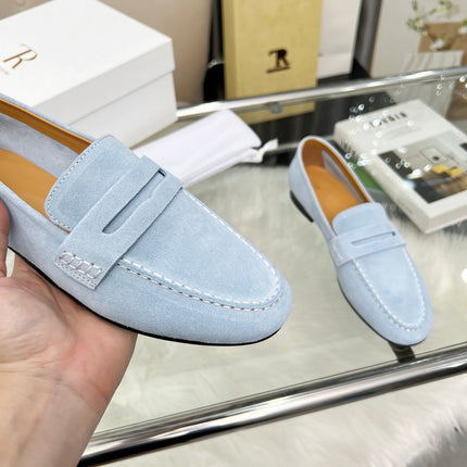 THE ROW 26S PENNY LOAFERS IN LIGHT BLUE SUEDE