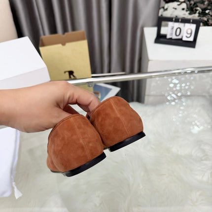 THE ROW 26S CLASSIC LOAFER FLATS IN COGNAC BROWN SUEDE