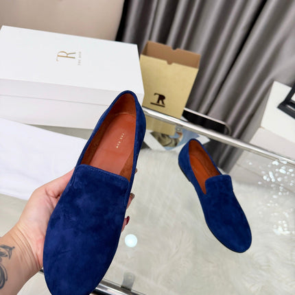 THE ROW 26S CLASSIC LOAFER FLATS IN DARK BLUE SUEDE