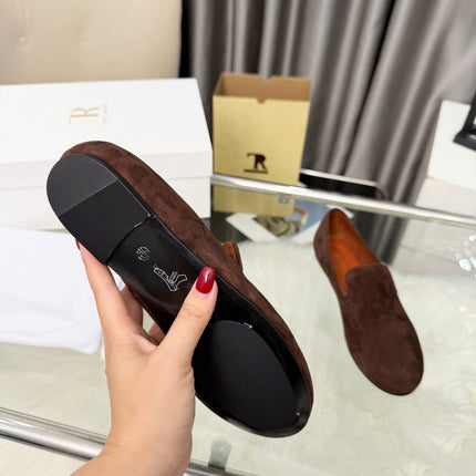 THE ROW 26S CLASSIC LOAFER FLATS IN DARK BROWN SUEDE