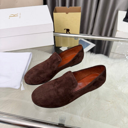 THE ROW 26S CLASSIC LOAFER FLATS IN DARK BROWN SUEDE