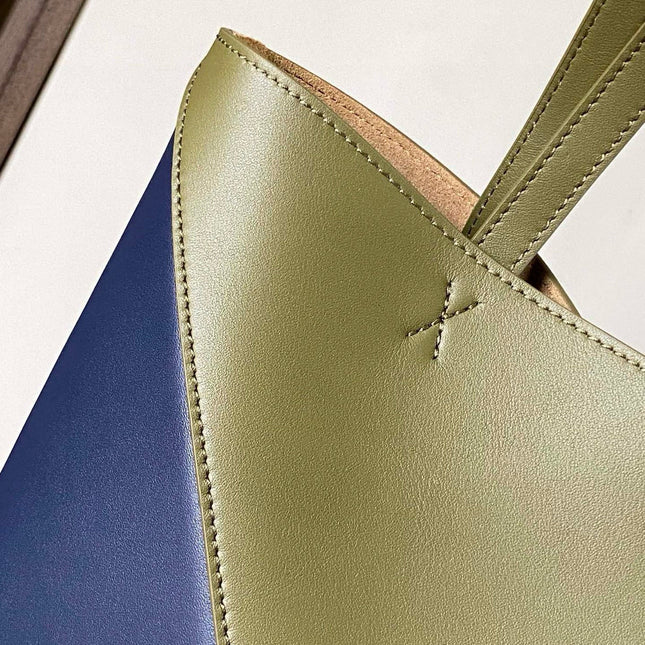 LOEWE 25S PUZZLE FOLD BAG 31 IN OLIVE GREEN AND DARK BLUE SHINY CALFSKIN