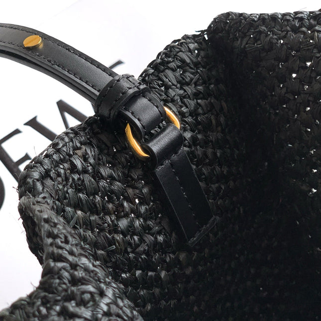 LOEWE 25S WE FONT TOTE BAG 24 IN BLACK RAFFIA FIBER