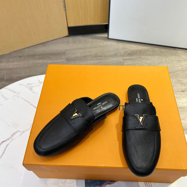 LV 26S MARE OPEN-BACK LOAFERS IN BLACK GRAINED CALFSKIN