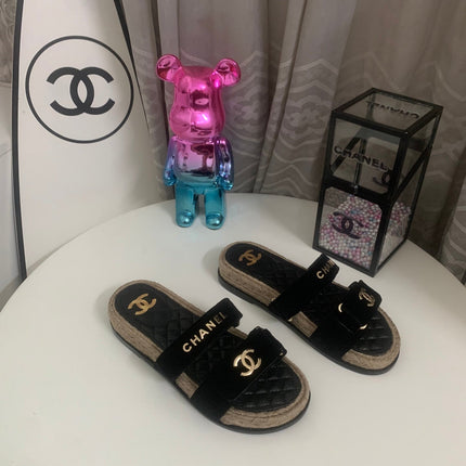 CHANEL 26S SLIDE SANDALS IN BLACK VELVET AND CALFSKIN WITH ROPE SOLE GOLD HARDWARE