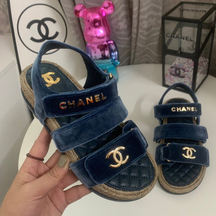 CHANEL 26S STRAPPY SANDALS IN NAVY BLUE VELVET WITH ROPE SOLE GOLD HARDWARE