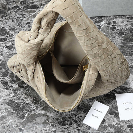 BOTTEGA VENETA 25S SMALL JODIE 48 IN MUTED TAUPE SUEDE GOLD HARDWARE