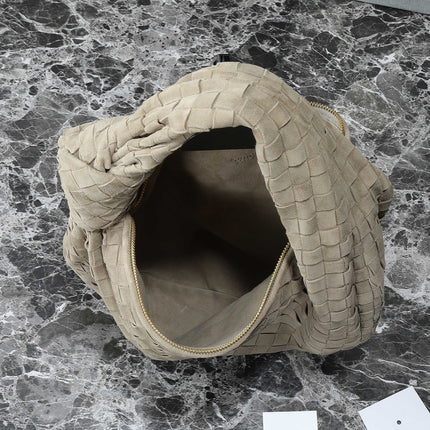 BOTTEGA VENETA 25S SMALL JODIE 36 IN MUTED TAUPE SUEDE GOLD HARDWARE