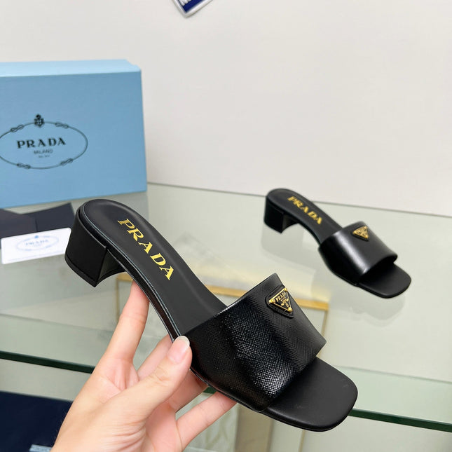 PRA EMBROIDERED SLIDES 40 BLACK CALFSKIN