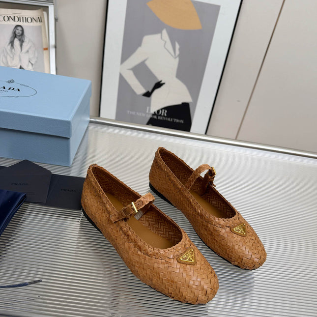 PRADA 26S MARY JANE FLATS IN TAN BROWN WOVEN CALFSKIN