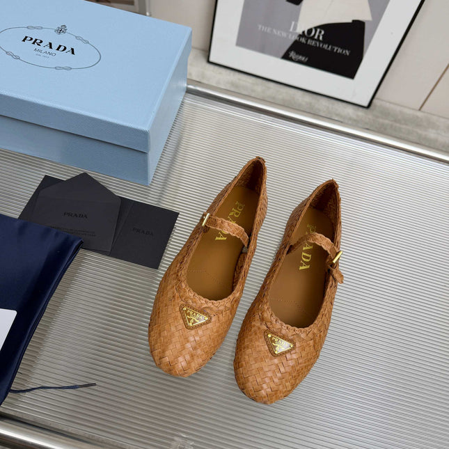 PRADA 26S MARY JANE FLATS IN TAN BROWN WOVEN CALFSKIN