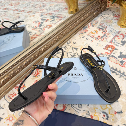 PRADA 26S THONG SANDALS IN BLACK CALFSKIN TRIANGLE LOGO
