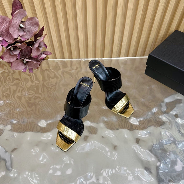 BALMAIN 25S MULES IN STRIPED LEATHER 95MM IN BLACK AND GOLD CALFSKIN