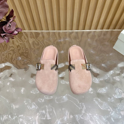 BURBERRY 26S BUCKLE MULES IN LIGHT PINK SUEDE