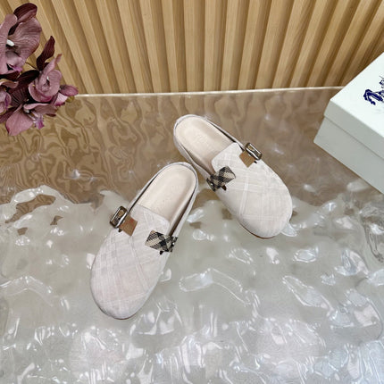 BURBERRY 26S PLAID BUCKLE MULES IN LIGHT BEIGE SUEDE