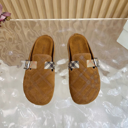 BURBERRY 26S PLAID BUCKLE MULES IN BROWN SUEDE