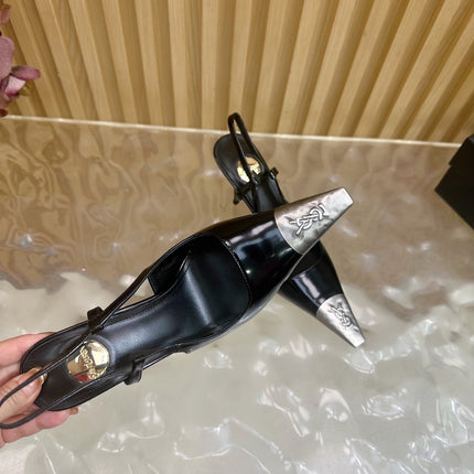YSL 25S HIGH-HEEL SLINGBACKS 85 MM IN BLACK SHINY LAMBSKIN AND SILVER HARDWARE