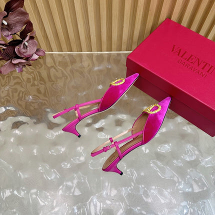 VALENTINO 25S HIGH-HEEL SLINGBACKS IN DARK PINK VELVET WITH GOLD HARDWARE