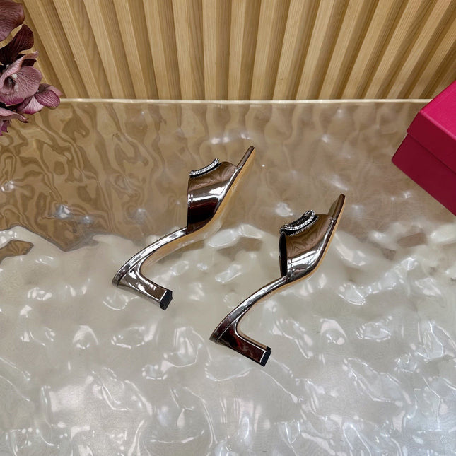 VALENTINO 25S HIGH-HEEL MULES 60 MM IN METALLIC SILVER PATENT CALFSKIN WITH CRYSTAL-EMBELLISHED STRAP