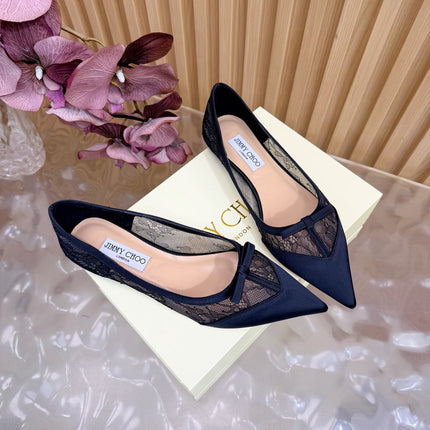 JIMMY CHOO 26S FLATS IN BLACK LACE AND SATIN