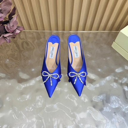 JIMMY CHOO 26S HIGH-HEELED MULES 65 MM IN NAVY BLUE SATIN WITH RHINESTONE BOW