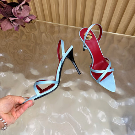 YSL 26S HIGH-HEELED SANDALS 90 MM IN SKY BLUE SATIN