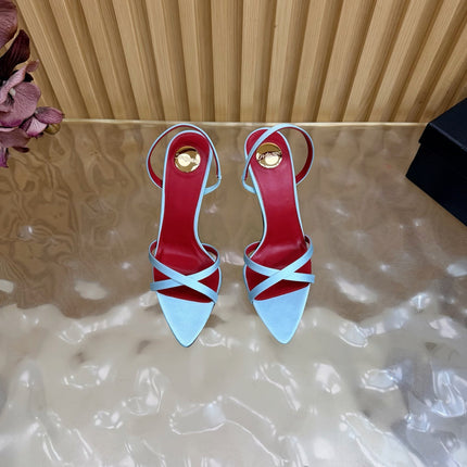 YSL 26S HIGH-HEELED SANDALS 90 MM IN SKY BLUE SATIN