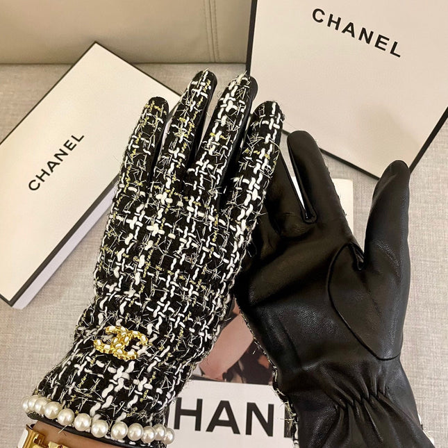 GLOVES IN BLACK MIX WHITE WOOL TWEED AND SHEEPSKIN 463846