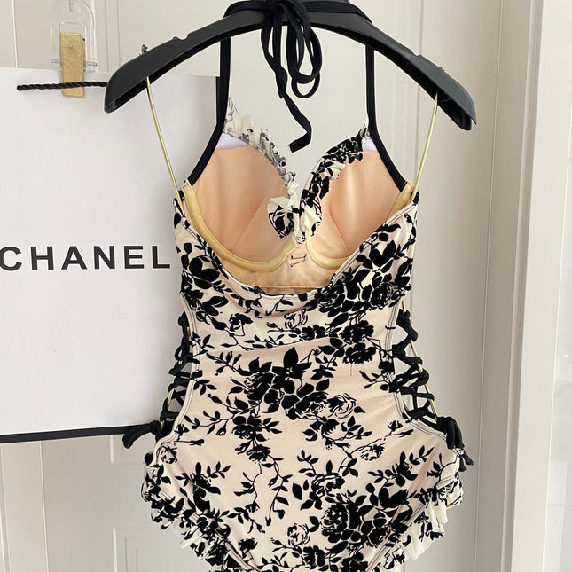 CC BIKINI SWIMSUIT SET IN IVORY MESH WITH BLACK VELVET FLORAL EMBROIDERY 622181