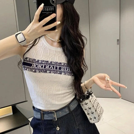 SLEEVELESS TOP 643222 IN WHITE COTTON BLACK LOGO