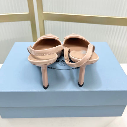 PRADA 26S SLINGBACK HIGH HEEL SANDALS 75MM IN NUDE CALFSKIN WITH LOGO