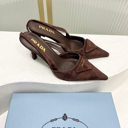 PRADA 26S SLINGBACK HIGH HEEL SANDALS 75MM IN DARK BROWN SUEDE WITH LOGO