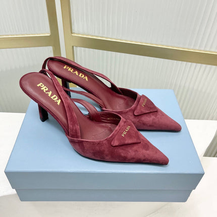 PRADA 26S SLINGBACK HIGH HEEL SANDALS 75MM IN DARK RED SUEDE WITH LOGO