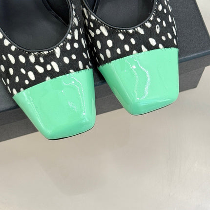 CHANEL POLKA DOT PATTERN MULES IN BLACK MIX GREEN FUR