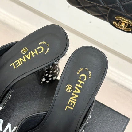 CHANEL POLKA DOT PATTERN MULES IN BLACK MIX GREEN FUR